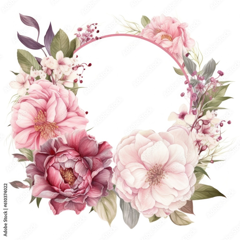 Watercolor pink floral wreath. Illustration AI Generative.