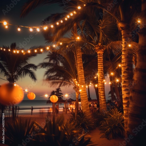 Summer night beach party background. Illustration AI Generative.