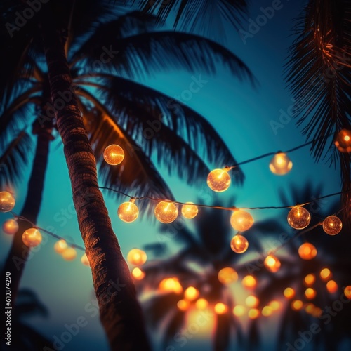 Summer night beach party background. Illustration AI Generative.
