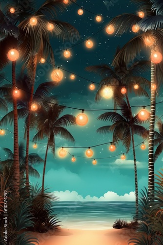Summer night beach party background. Illustration AI Generative.