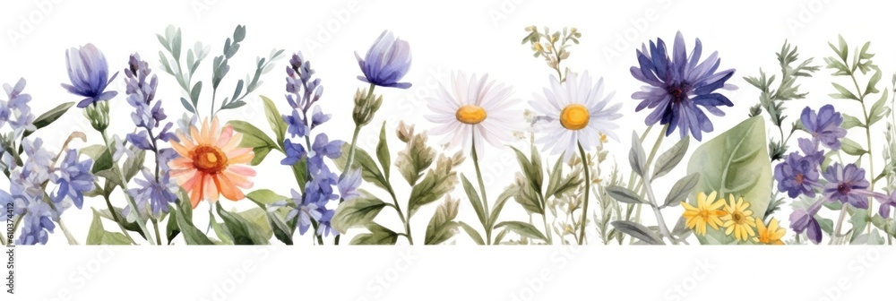 Watercolor floral border. Illustration AI Generative.