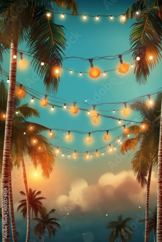 Summer night beach party background. Illustration AI Generative.