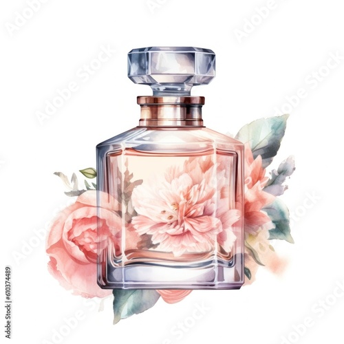 Watercolor perfume bottle with flowers. Illustration AI Generative.