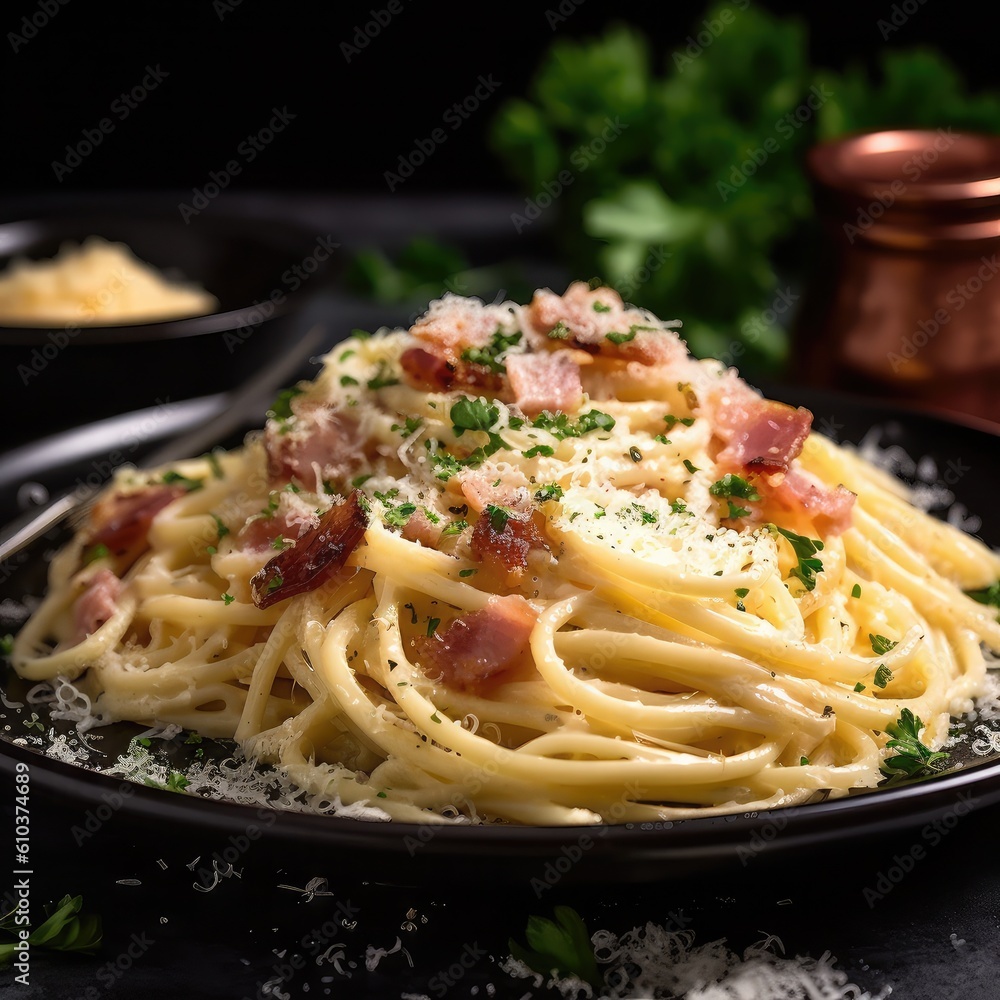 Carbonara, Roman pasta dish made with eggs, hard cheese, cured pork, and black pepper. Carbonara, Roman pasta dish made with eggs, hard cheese, cured pork, and black pepper.