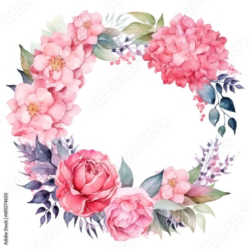 Watercolor pink floral wreath. Illustration AI Generative.