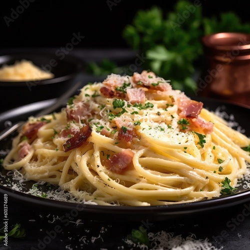 Carbonara, Roman pasta dish made with eggs, hard cheese, cured pork, and black pepper.