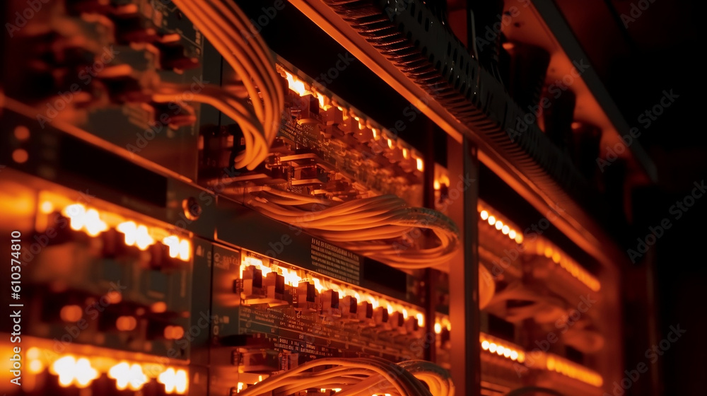 Obraz premium Cables, Server, Server room, Data center, Network, Connectivity, Technology, IT infrastructure, Communication, Data transfer, Wiring, Ethernet, Racks, Patch panel, Organization, Maintenance, Equipment