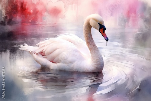 Pink watercolour swan in the water