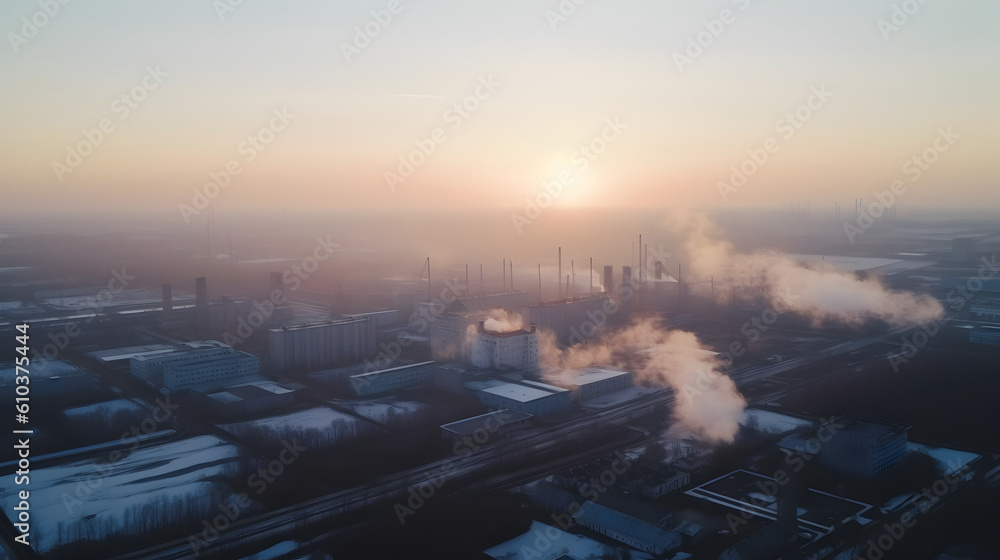 Aerial view of an industrial metallurgical plant at dawn. Chimneys releasing smoke. Modern industry and pollution emissions, environmental conservation topics. AI generative image