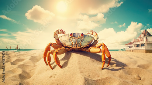 Curious crab on the sandy beach in nostalgic card style. Retro vacation postcard with crab on the coast. Generated AI. © swillklitch