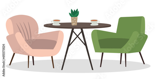Two armchairs and a small table with coffee cups. Living room furniture design, modern home interior elements vector. Contemporary furniture for living room or home office. Modern chiar place to relax