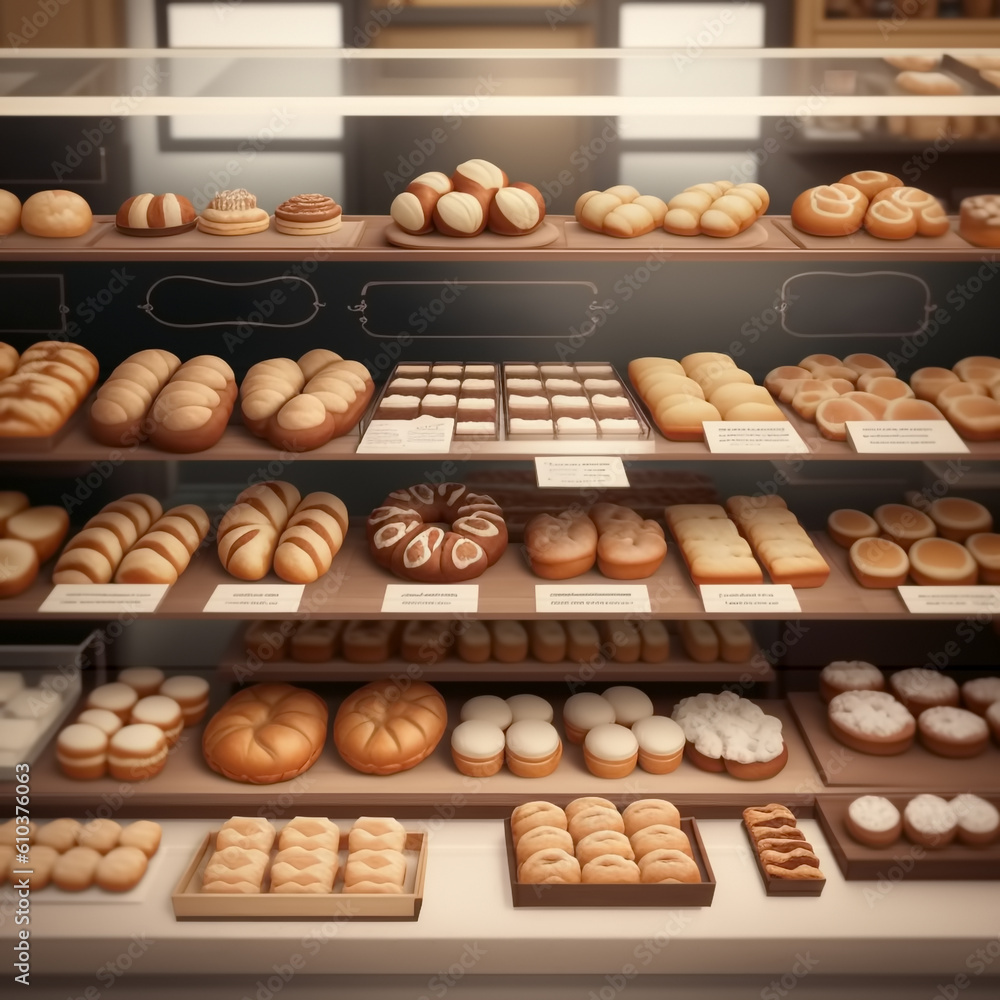 Shelves in a grocery store with fresh bread. Generative AI