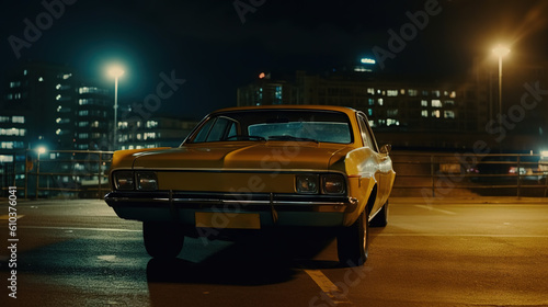 Vintage muscle car parked on the street at night. 80s styled synthwave retro scene with powerful drive in evening. Generated AI. © swillklitch