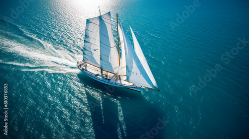 Regatta of sailing ships with white sails on the high seas. Aerial view of a sailboat in a windy state.