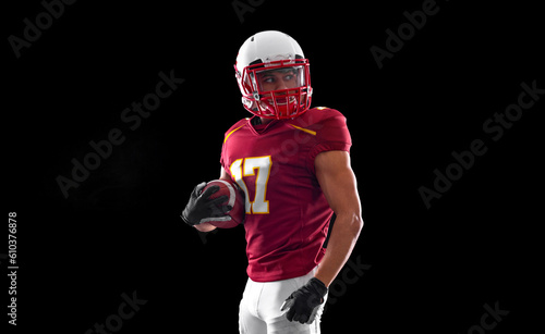 American football player banner on black background. Template for bookmaker ads with copy space. Mockup for betting advertisement. Sports betting, football betting, gambling, bookmaker, big win