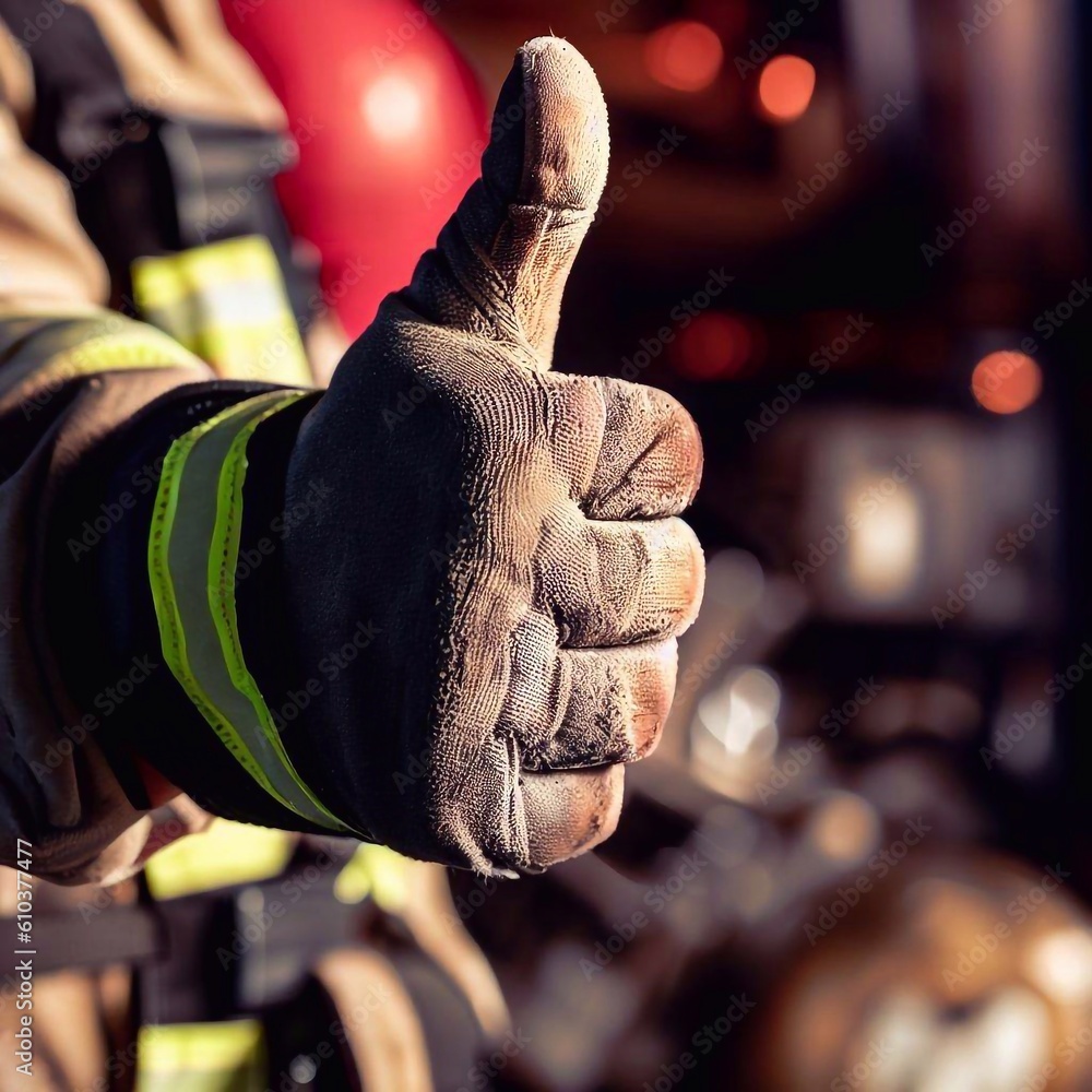 firefighter's gloved hand giving a thumbs-up gesture