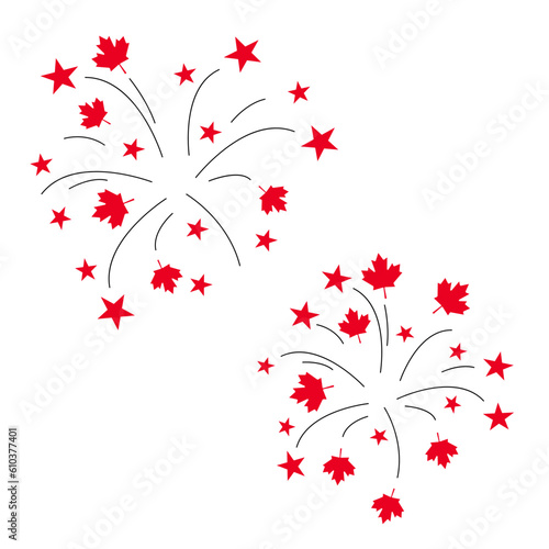 Patriotic Canadian Fireworks. Red maple leaf and star. Canada day
