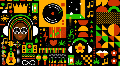 Rastafarian background. Reggae music design for reggae party, festival, radio station or rastafarian bar. Jamaican style music festival. Simple flat design for reggae event photo