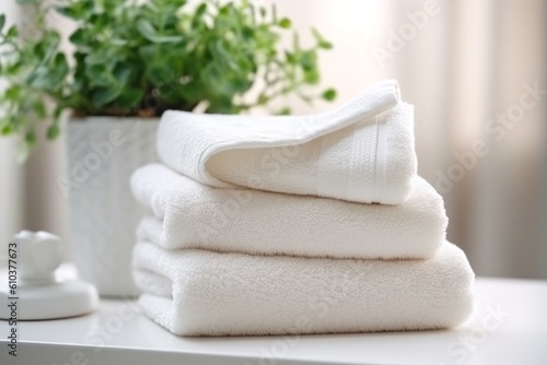 Fotografie, Obraz White clean towels on table in bathroom, generative ai