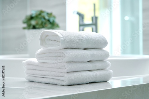 White clean towels on table in bathroom, generative ai