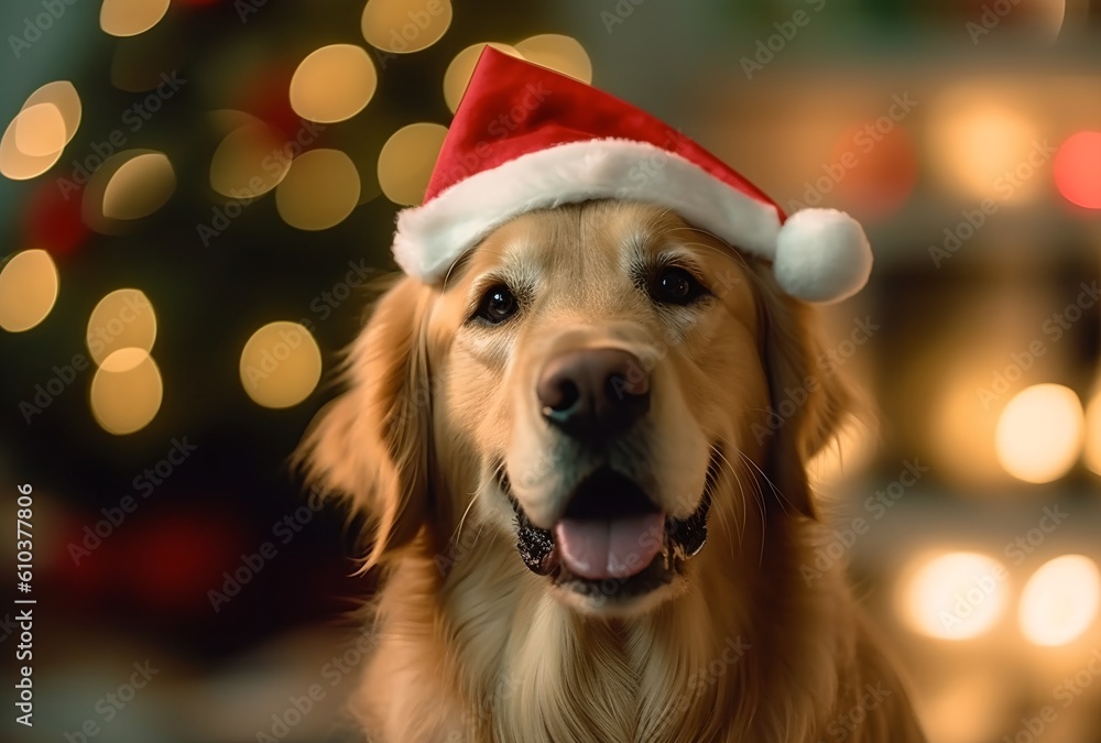 Christmas dog dressed in a Santa hat sits near a decorated Christmas tree on a holiday evening, generative ai