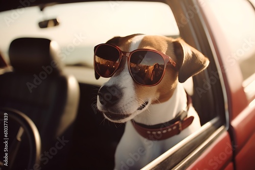 Cute happy dog looking out of car window, generative ai © inspiretta
