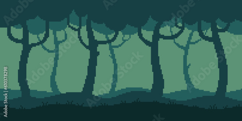 Colorful simple vector pixel art horizontal illustration of dark forest in the style of retro platformer video game level