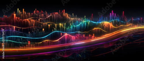 Colorful neon light trails on a dark background
