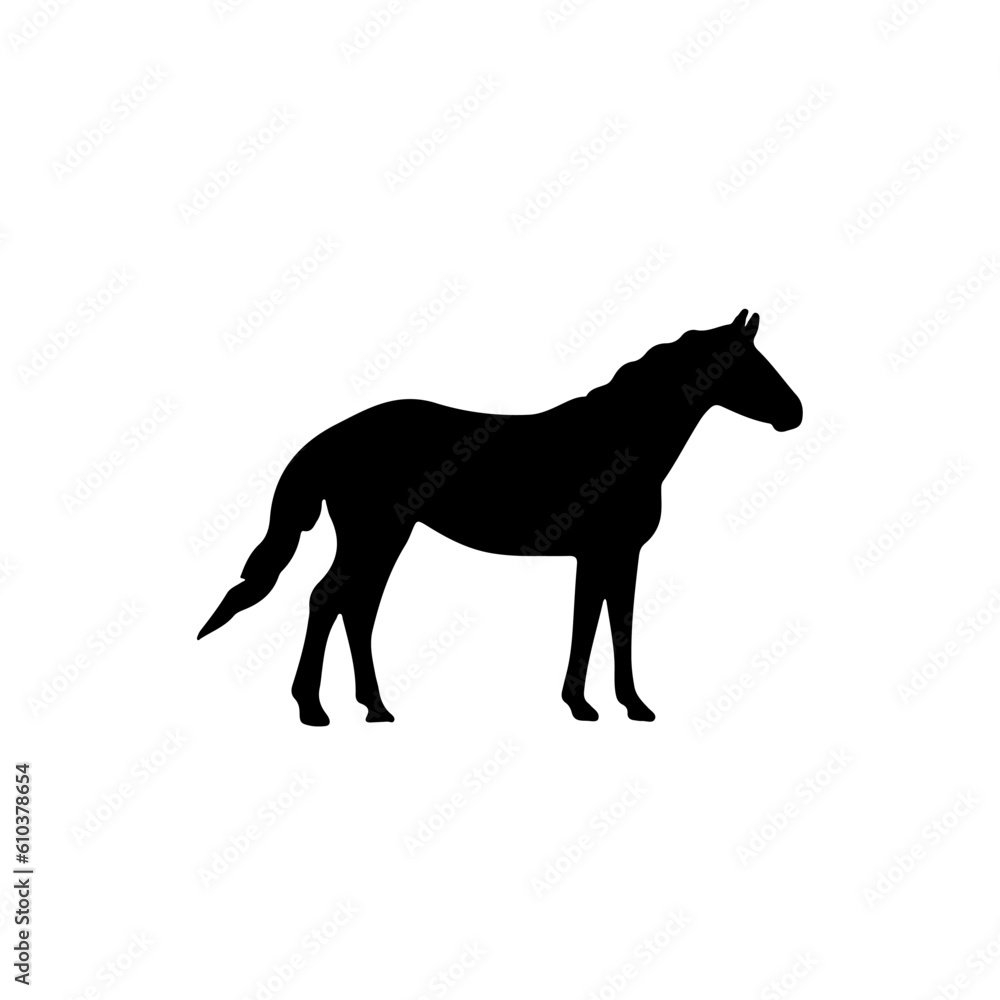 Standing horse silhouette. Black figure of mammal animal. Vector illustration of wild mustang. Design element shape