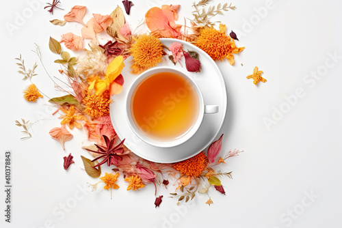 Creative layout made of cup of tea, green tea, black tea, fruit and herbal, tea on white background.Flat lay. Food concept.  