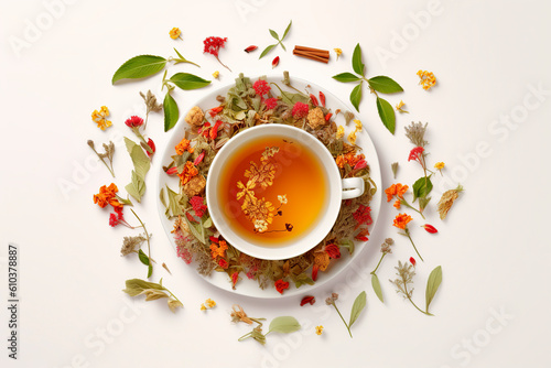 Creative layout made of cup of tea, green tea, black tea, fruit and herbal, tea on white background.Flat lay. Food concept. 
