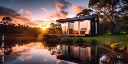 Tiny house with amazing design on a beautiful landscape, generative ai