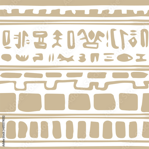 Boho beige white vector seamless monochrome pattern border with egyptian symbols like hieroglyphs