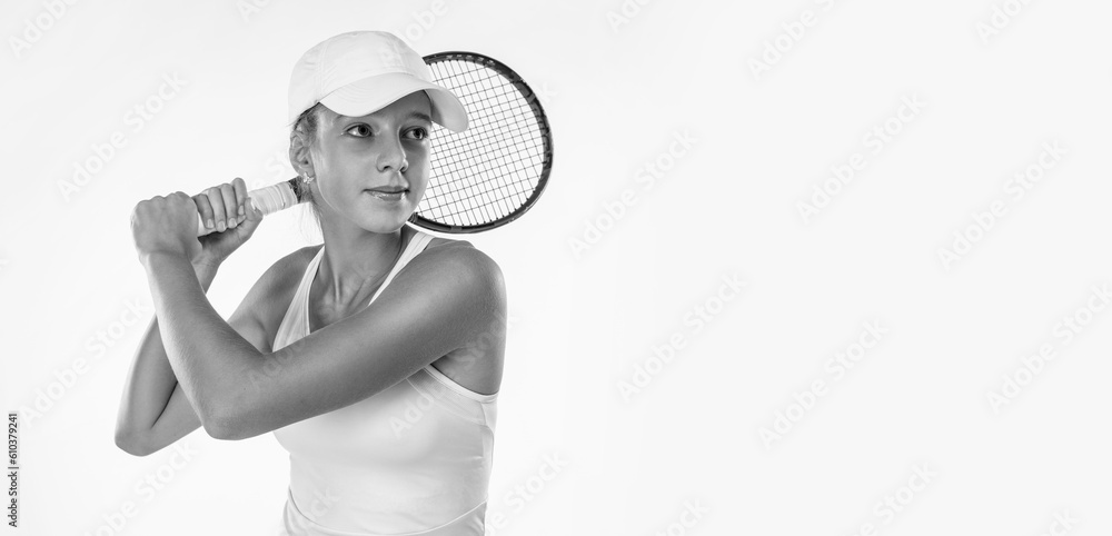 Tennis player. Girl teenager athlete with racket isolated on white background. Sport concept. Black and white. Tennis player. Girl teenager athlete with racket isolated on white background. Sport concept. Black and white.