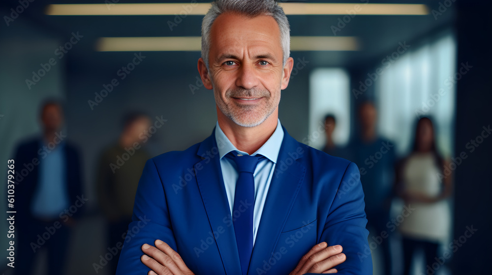 Smiling middle aged business man ceo standing in office arms crossed. Smiling mature confident professional executive manager, proud lawyer, confident businessman wearing blue suit. Generative AI