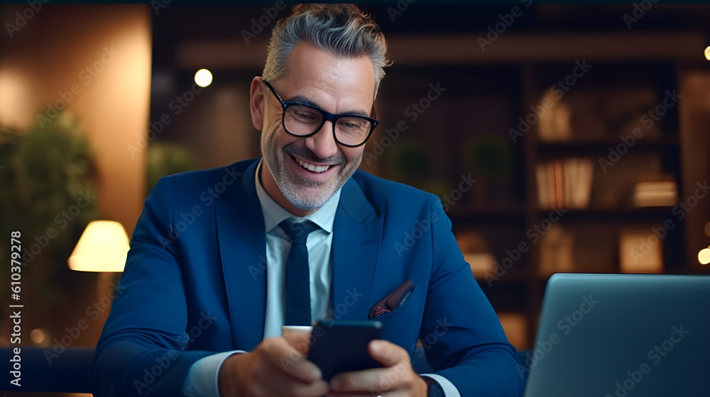 Smiling mid aged business man ceo wearing blue suit sitting in office using laptop and smartphone. Happy Businessman professional executive working at desk with laptop. Generative AI Smiling mid aged business man ceo wearing blue suit sitting in office using laptop and smartphone. Happy Businessman professional executive working at desk with laptop. Generative AI