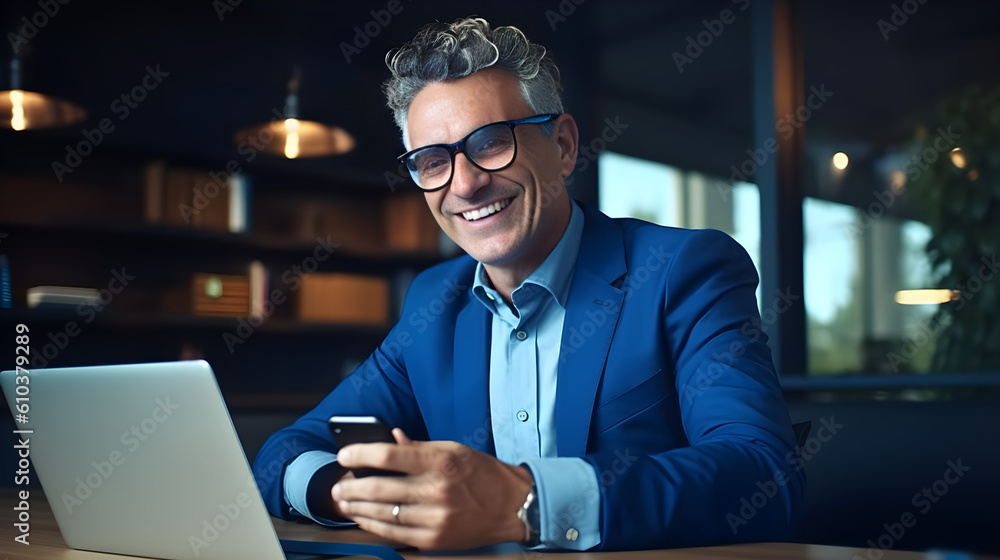 Happy mid aged business man ceo wearing blue suit sitting in office using laptop and smartphone. Mature Businessman professional executive working at desk with laptop. Generative AI