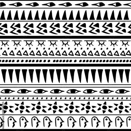 Aztec ethnic vector seamless pattern black-white color Egyptian hieroglyphs. Geometric repeat background