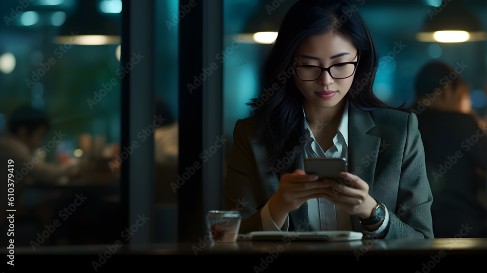 Young busy Asian business woman executive using laptop mobile cell phone tech. Professional businesswoman holding smartphone, working on cellphone. Generative AI