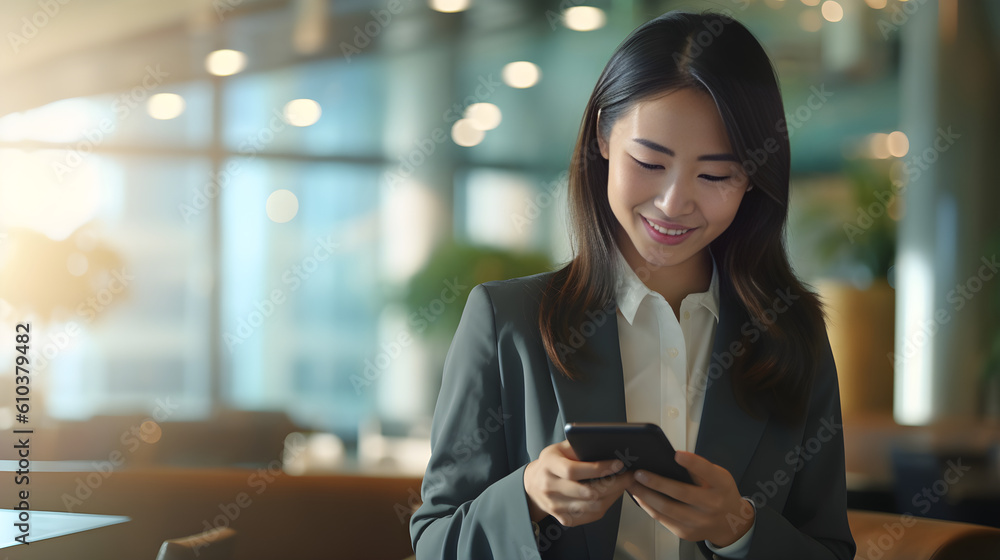 Young happy busy Asian business woman executive using cell phone tech. Professional businesswoman holding smartphone, working on cellphone. Negative space on the left. Generative AI