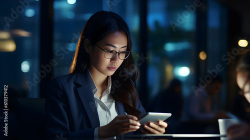 Busy young Asian business woman executive using laptop mobile cell phone tech. Professional businesswoman holding smartphone, working on cellphone. Negative space on the left. Generative AI