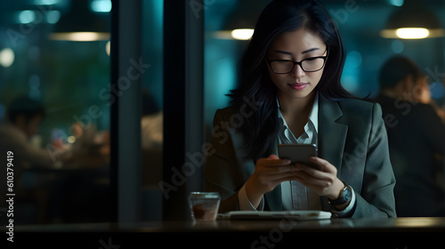 Young busy Asian business woman executive using laptop mobile cell phone tech. Professional businesswoman holding smartphone, working on cellphone. Generative AI
