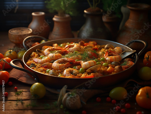 illustrazione di paella valenciana con gamberi pollo e frutti di mare, piatto tipico, saportito, per menu, ristoranti, creato con ai photo