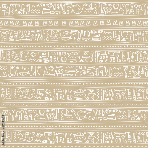 Beige white line hand drawn Boho vector seamless pattern border with egyptian symbols like hieroglyphs. It can be used for fabric, book cover, prints