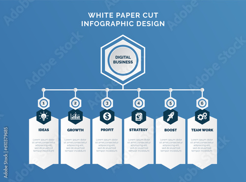 White paper cut infographic template and business icons vector illustration. Design concept with six options, steps, process for presentation, layout, diagram chart, anual report