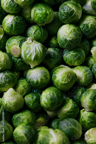 Fresh organic Brussel sprouts on a market stall ready for sale to better healthy balance diet meals Generated Ai