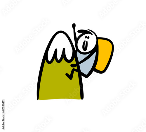 Funny stickman climbs to the top of the mountain and waves his hand. Vector illustration of a tourist with a backpack on a rock.