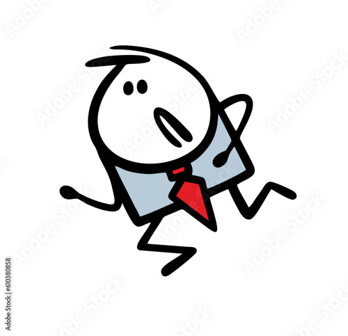 Man in business suit running fast and is late. Vector illustration of poor unlucky stickman at office work going for money.