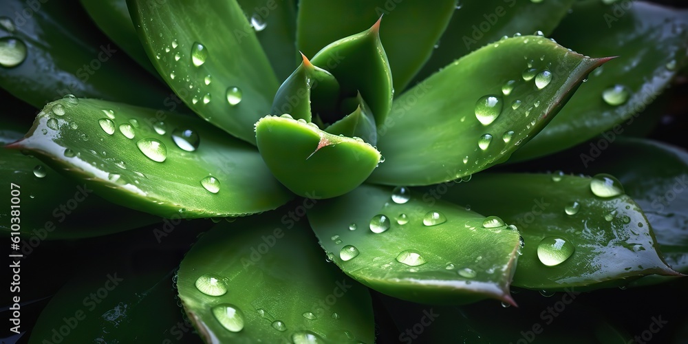 Obraz premium AI Generated. AI Generative. Green tropic exotic plant flower leaf succulent with water rain drop illustration photo. Graphic Art