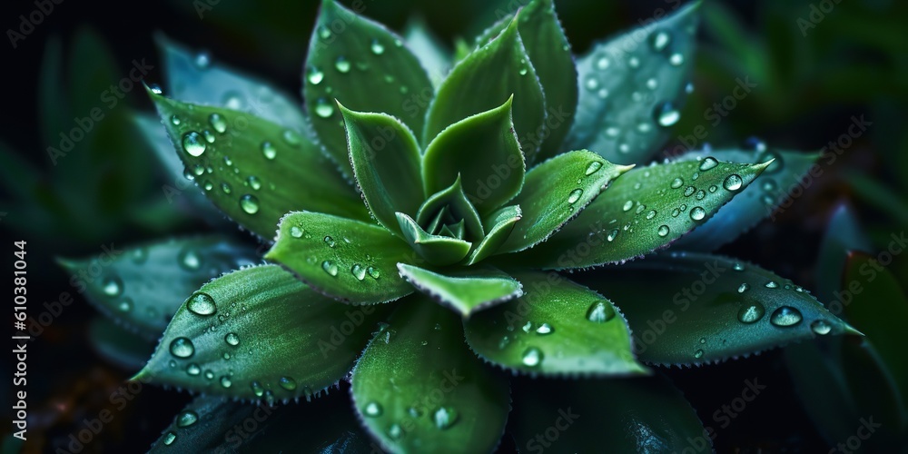 AI Generated. AI Generative. Green tropic exotic plant flower leaf succulent with water rain drop illustration photo. Graphic Art AI Generated. AI Generative. Green tropic exotic plant flower leaf succulent with water rain drop illustration photo. Graphic Art
